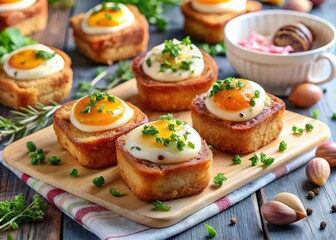 wooden cutting board holds six small pastries topped with poached eggs and chives.