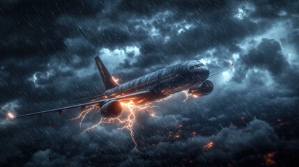 Fototapeta premium Airplane soaring through a stormy sky, illuminated by dramatic lightning.