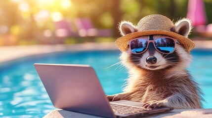 Raccoon in straw hat and sunglasses using laptop by pool. Animal relaxes by water with computer. Summer outdoor vacation and remote work concept.