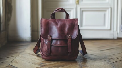 Stylish maroon leather backpack on wooden floor