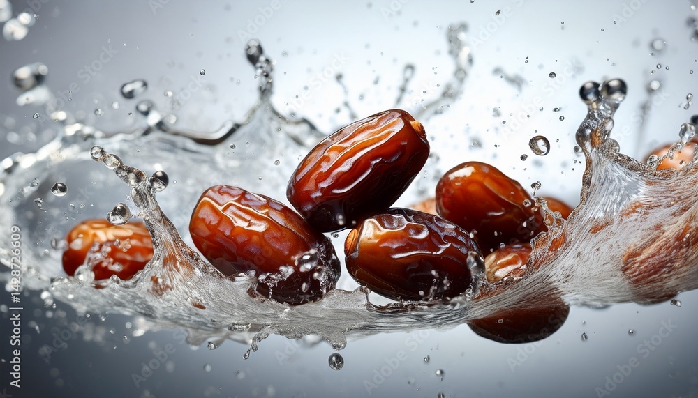 Poster fresh dates splash in water showcasing their rich color and texture a vibrant and healthy snack opti