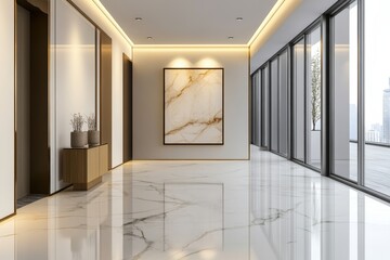 Modern hallway with soft lighting leading to glass doors and a scenic view, showcasing minimalist design in a contemporary building environment