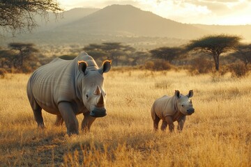 Obraz premium baby rhino walking beside its mother 