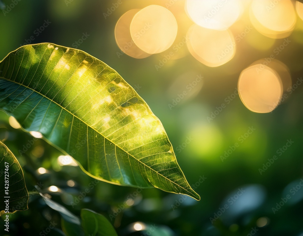 Poster enchanted bokeh abstract image of a lush green foliage dappled with shimmering golden bokeh lights e