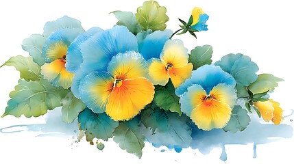 Watercolor painting of blue and yellow pansies with green leaves