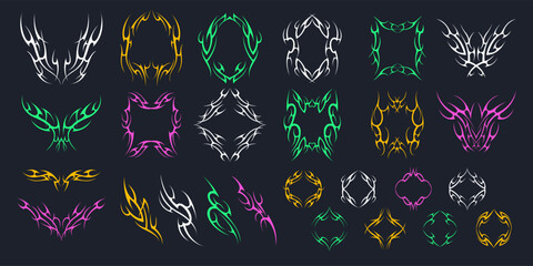 Cyber tribal. Punk geometric brutalism tattoo design, abstract retro gothic aesthetic shapes for album cover streetwear fashion. Vector set