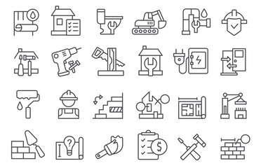 Renovation line icons. Safety work, real estate, contractor building repair concepts, house renovating tools, construction maintenance service, worker labor insurance. Vector set