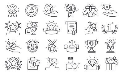 Reward line icons. Award and prize premium quality pictograms, outline bonus and benefit, reward loyalty program and gift voucher symbols. Vector editable stroke collection