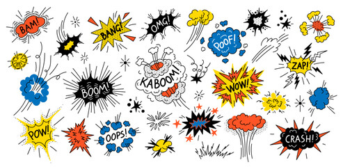 Doodle speech bubble. Comic boom explosion with text and smoke clouds, onomatopoeia sound labels, funny dialog balloon message pop art style. Vector impact graphic set