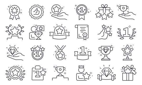 Reward line icons. Award and prize premium quality pictograms, outline bonus and benefit, reward loyalty program and gift voucher symbols. Vector editable stroke collection