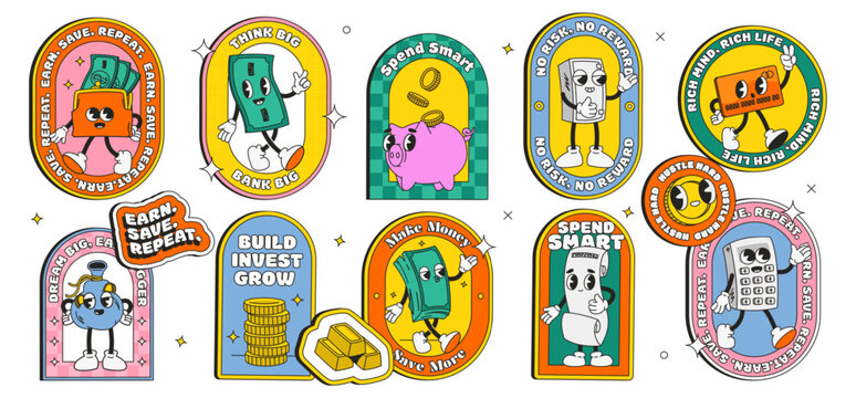 Money retro stickers. Retro Y2k cartoon badges with coins banknotes piggy bank credit card gold, comic financial wealth saving and money investment set. Vector finance collection