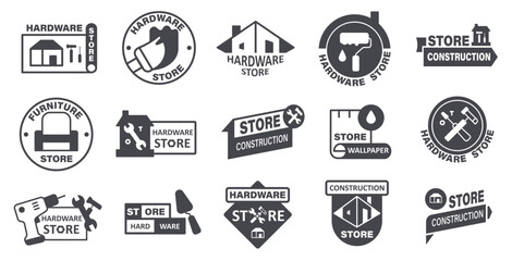 Building tool logo. Home repair hardware store, DIY instruments and renovation tools, handyman repairman house maintenance equipment, construction store emblem. Vector set