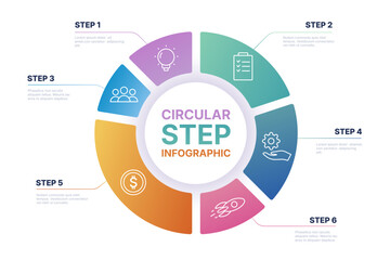 Pie chart infographic. Circle step diagram, modern round diagrams with 5 steps, abstract circle graph elements for business presentation. Vector pie info concept