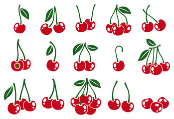 Cherry icon. Red cherries logo, ripe sweet cherry fruits with leaves, simple flat berry silhouettes clipart, natural organic dessert ingredient elements. Vector isolated set