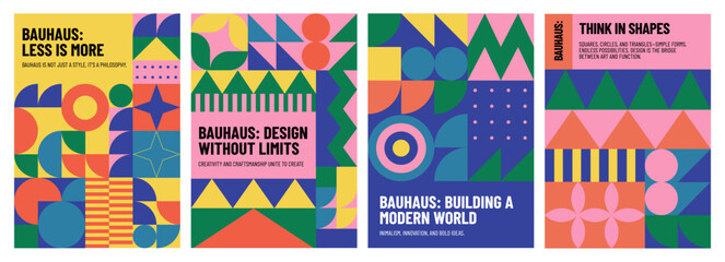Geometric memphis poster. Abstract minimal bauhaus pattern with simple circle square geometric shapes, modern geometry Scandinavian cover design. Vector abstraction backgrounds set