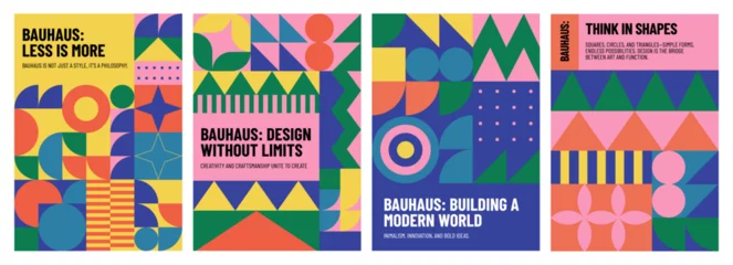 Fotobehang Abstract Geometric memphis poster. Abstract minimal bauhaus pattern with simple circle square geometric shapes, modern geometry Scandinavian cover design. Vector abstraction backgrounds set  © Tartila