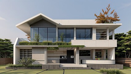 Fototapeta premium Modern facade angular architecture blends glass greenery under blue sky