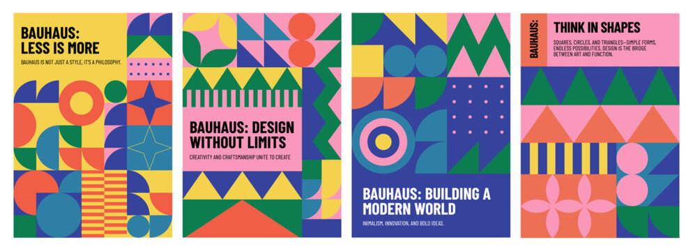 Geometric memphis poster. Abstract minimal bauhaus pattern with simple circle square geometric shapes, modern geometry Scandinavian cover design. Vector abstraction backgrounds set