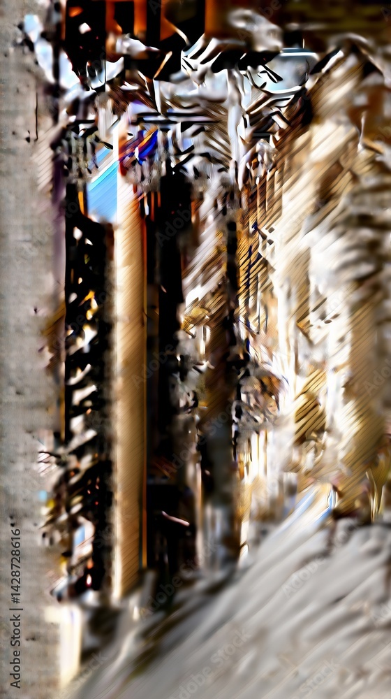 Poster abstract industrial scene with a vertical composition, featuring textured forms and a mix of light a