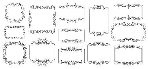 Ornamental calligraphic frames. Ornate decorative border, luxury royal framing with decorative ornament, swirls and filigree frame elements for wedding invitation card. Vector set