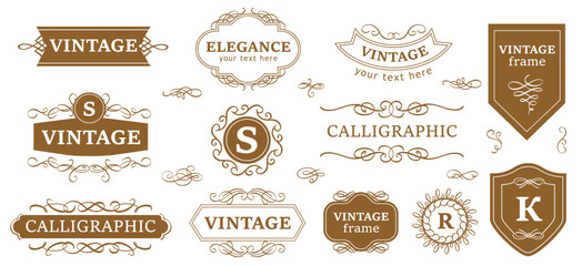 Calligraphic vintage logo. Ornamental ribbon banner, decorative calligraph monogram element, label with flourishes and swirls ornament frame, decorated wedding logos. Vector set