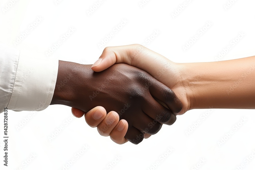 Fototapete Hands from different backgrounds shake in a colorful display of unity and cooperation, symbolizing collaboration and friendship