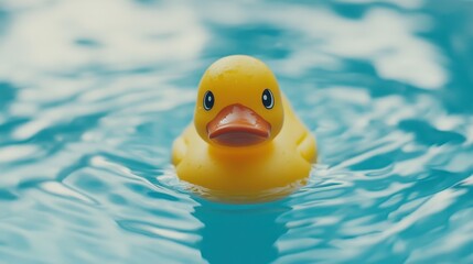 Bright yellow rubber duck floating in a clear blue pool.