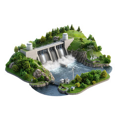 Water Power: A detailed rendering of a hydroelectric dam harnessing the raw energy of nature with its controlled release of water through a man-made structure.