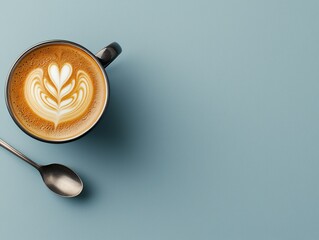 Overhead View of Black Mug with Heart Latte Art and Silver Spoon on Blue Surface
