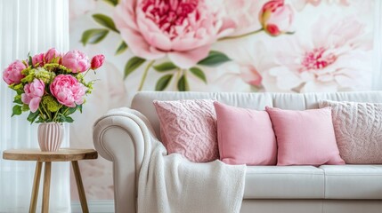 Elegant living room with a white sofa adorned with pink pillows and a floral wallpaper backdrop.