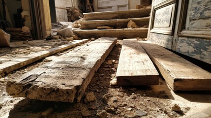 Obraz premium Abandoned rustic interior with wooden planks and sunlit staircase