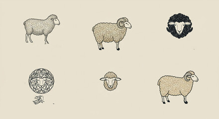 A collection of six sheep illustrations in varying styles on a light beige background with black outlines