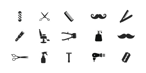 Set of barbershop utensils icon. Hair salon icons, Hairstylist vector icons set. Contain symbol of clipper, barber pole, comb, razor blade, chair, sprayer, shampoo, hair dryer, brush, and more.