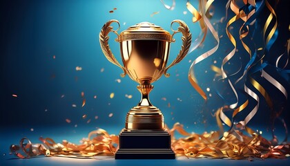 golden trophy and streamers business and competition concept blue background generative ai