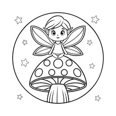 Cute Fairy Sitting on a Mushroom Outline Drawing for Coloring