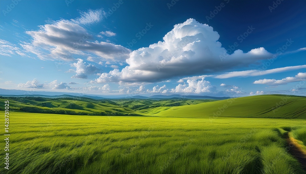 Poster fluffy clouds floating above verdant fields in tranquil landscape artistic representation nature ser