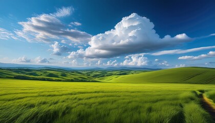 Obraz premium fluffy clouds floating above verdant fields in tranquil landscape artistic representation nature serenity
