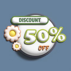 3D illustration of sale discounts 50%,20%, 30%, 25%; 40%, 70%, 60% with flowers in delicate shades