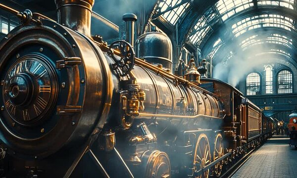 Vintage steam locomotive at a grand railway station with intricate architecture and warm lighting