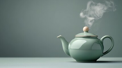 Pale Teal Ceramic Teapot with Steam on Muted Green Background