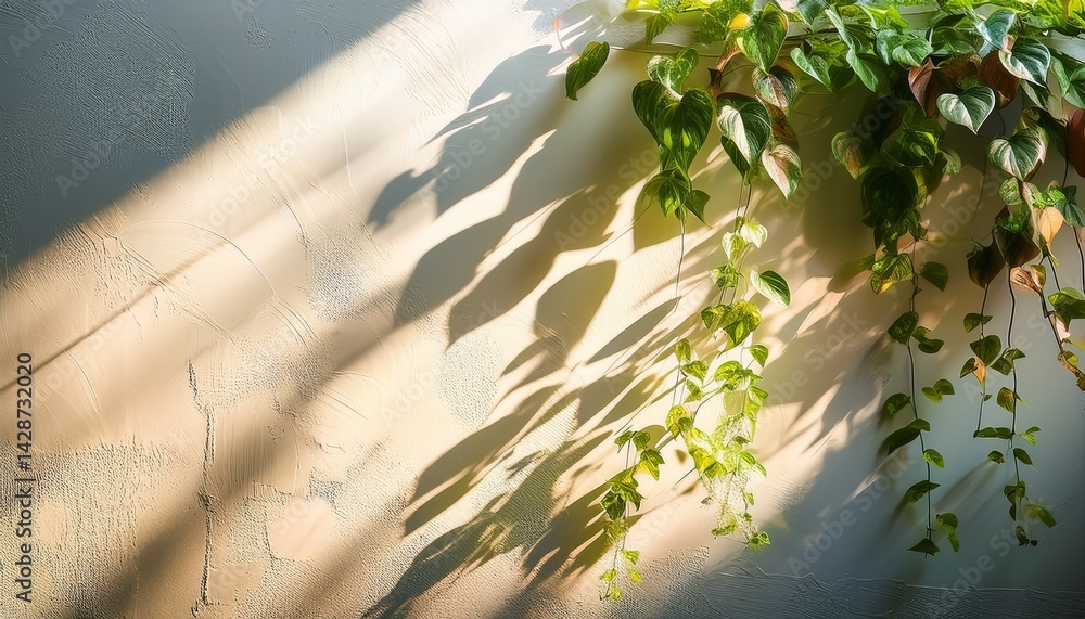 Poster greenery cascade on glass illuminated by sunlight filtering through casting shadows on a textured wa