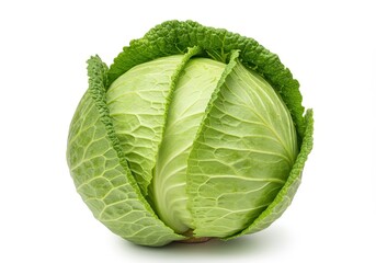 Obraz premium Whole fresh green cabbage with tightly packed leafy structure and visible veins on white background