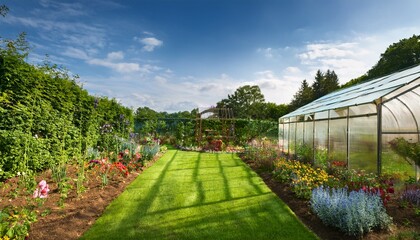 gardening inspiration self sustaining garden with greenhouse trellises and climbing plants surrounded by summer flowers and space for text