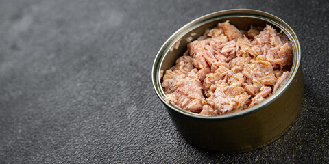 Tuna canned fish seafood appetizer dish organic product fresh tasty gourmet food background on the table rustic food top view copy space keto and paleo pescetarian diet