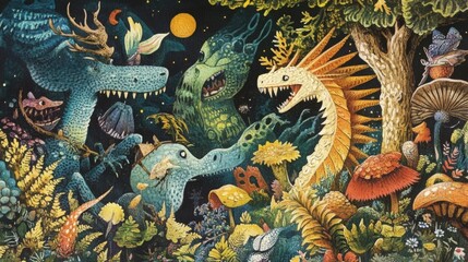 Obraz premium Fantastical Dragons Gathering in a Magical Forest Illustration