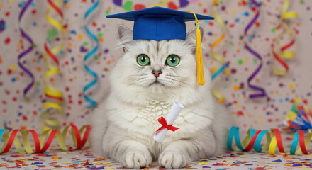 Cute cat graduate with diploma and cap amidst party confetti.