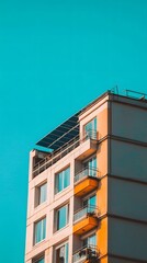 Obraz premium Modern Apartment Building Rooftop Solar Panels Blue Sky
