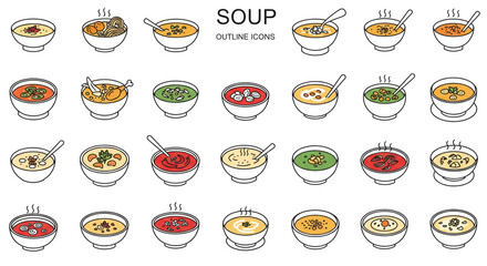 Illustration of various bowls of soup with different ingredients and spoon outline icons set design