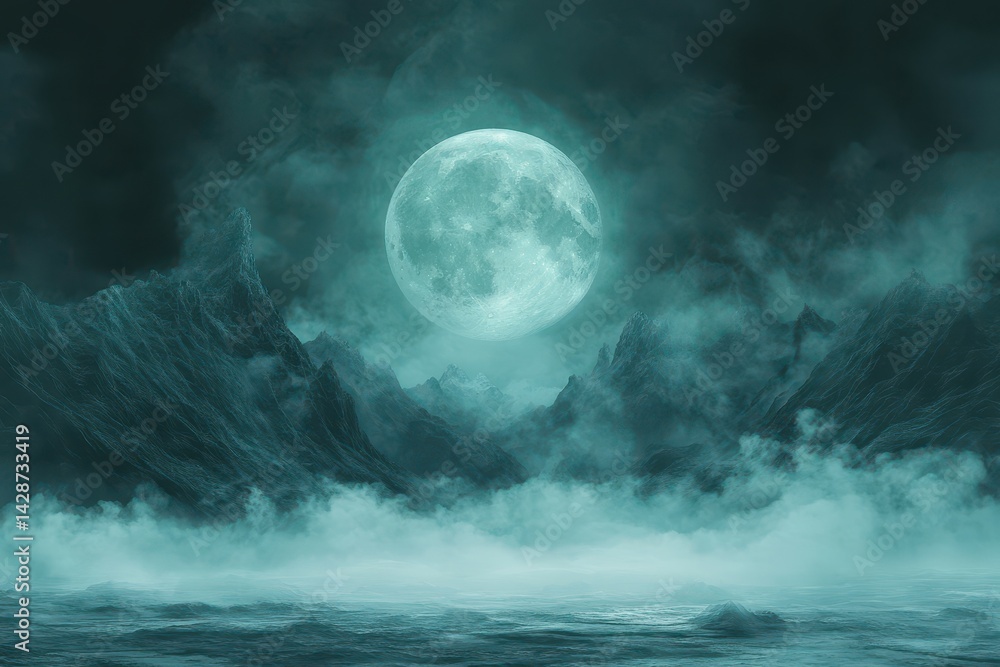 Poster nighttime mountain landscape with luminous moon and starry sky creating a mystical atmosphere above 