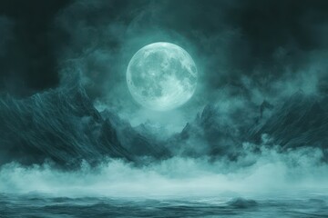 Nighttime mountain landscape with luminous moon and starry sky creating a mystical atmosphere above the rugged peaks